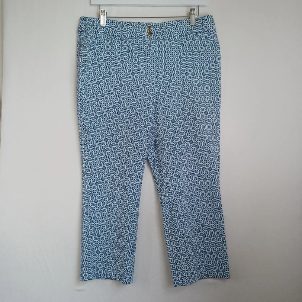 Chicos Brigitte So Slimming Crop Pants Blue White Geometric Tile Womens Size M